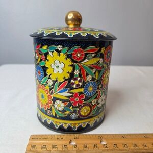 Vtg Daher Floral Metal Tin Canister 11101 England Black Multi Color Tea Biscuit